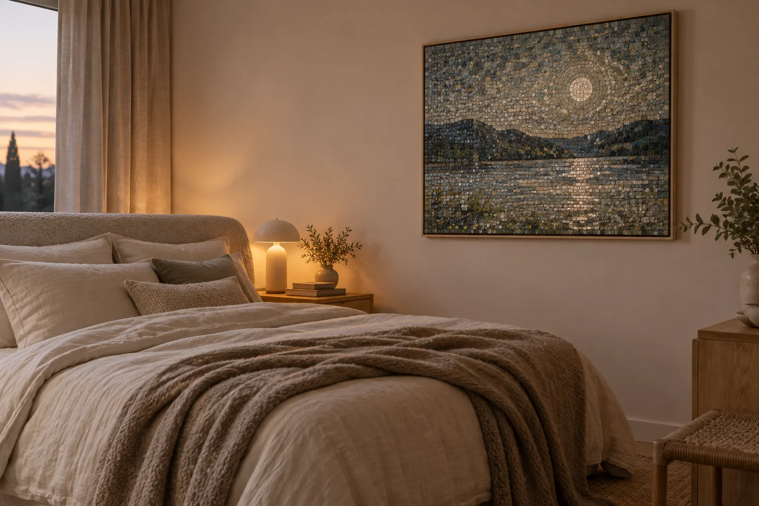 Chambre cocooning beige avec un tableau scintillant bleu grisé au-dessus du lit