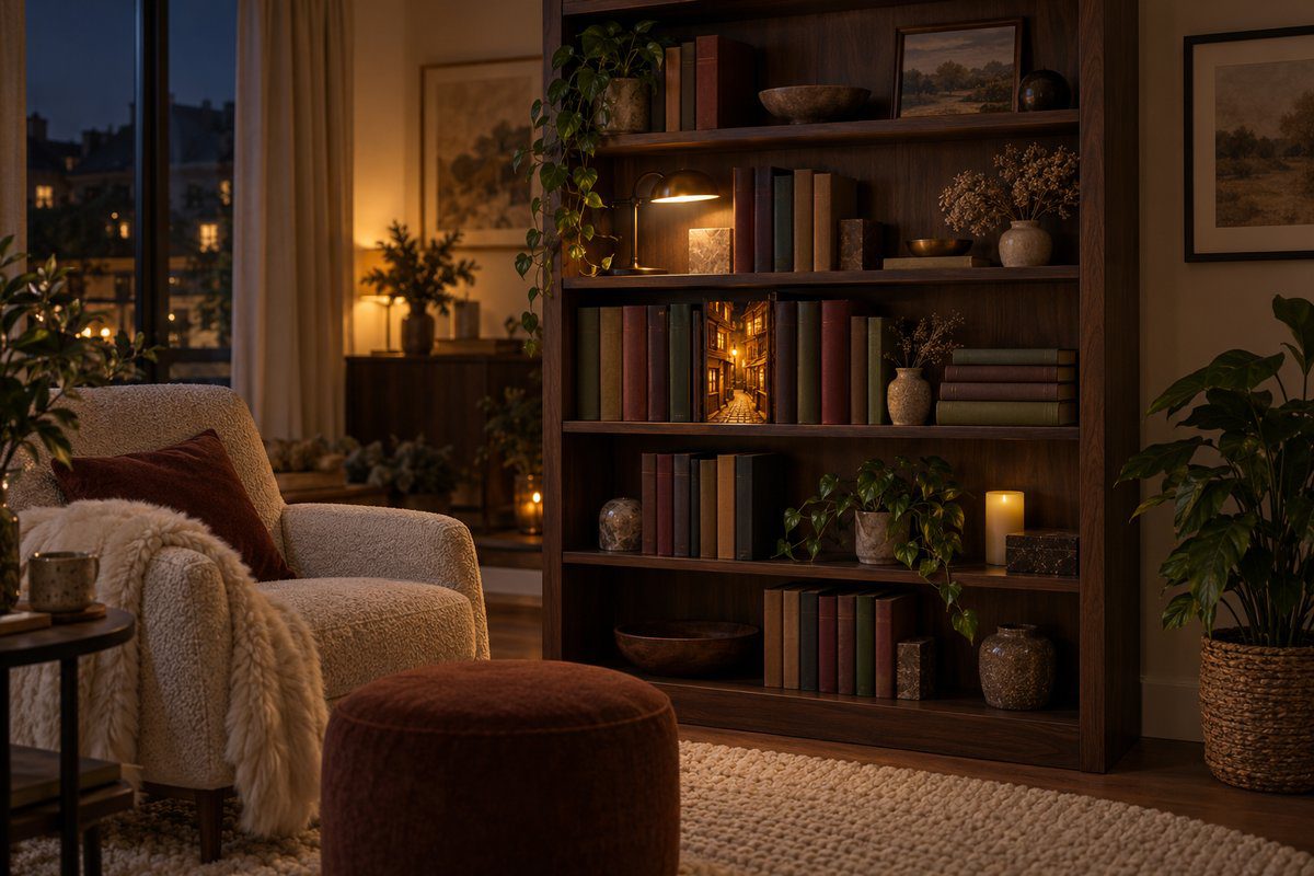 Bibliothèque en bois foncé avec décor miniature lumineux entre des livres et coin lecture