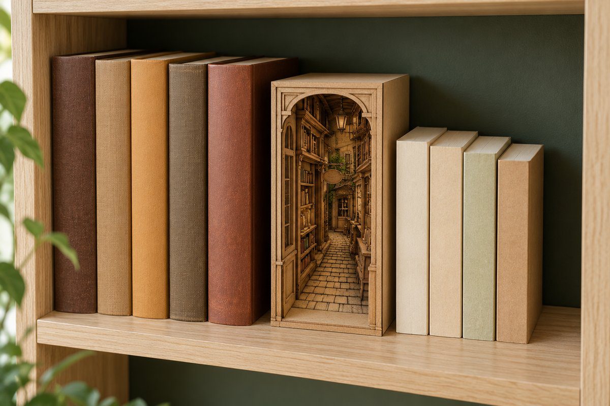 Décor miniature de 25 cm entre des livres grand format et des livres de poche
