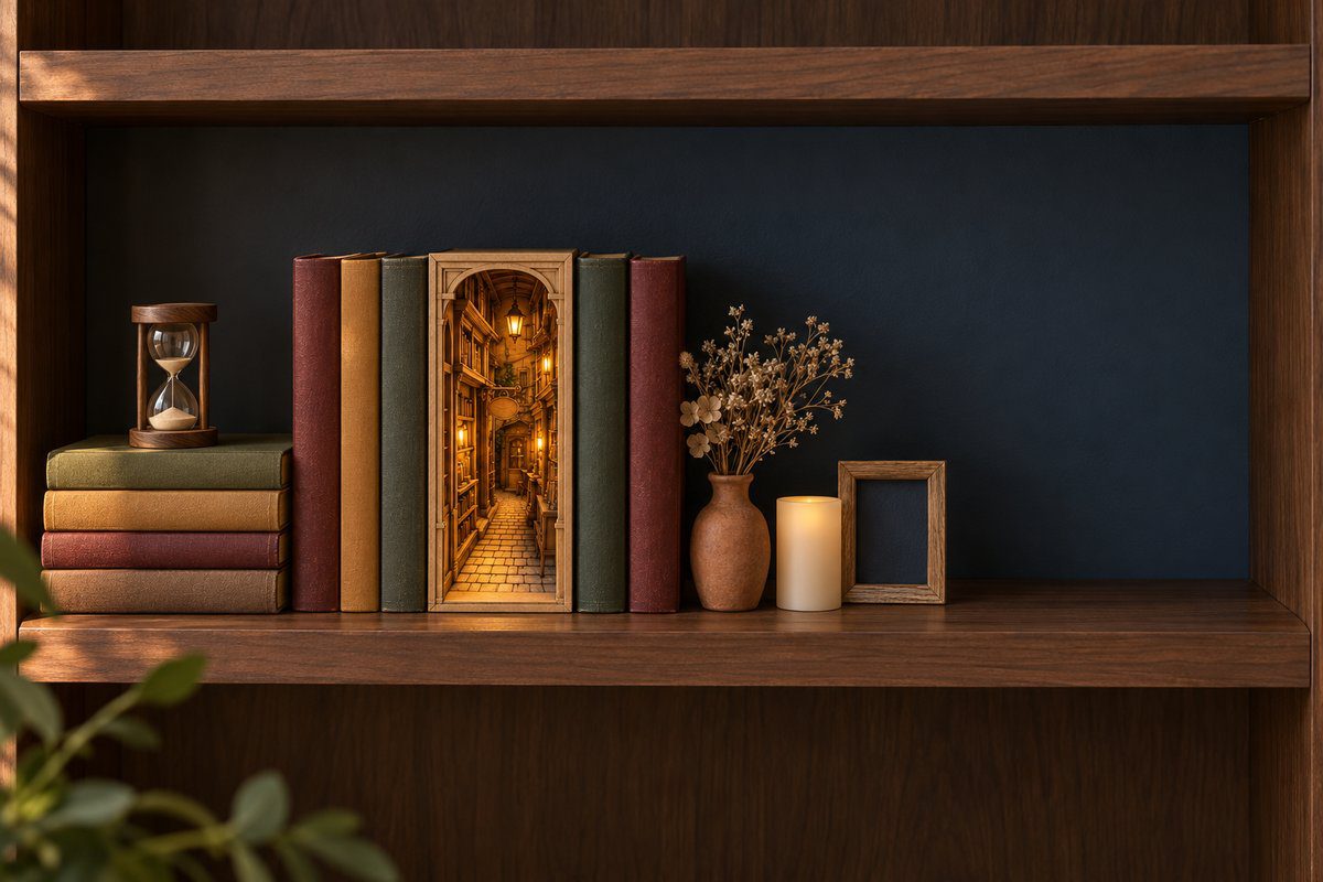 Tablette de bibliothèque composée autour d'un décor miniature éclairé avec trois objets