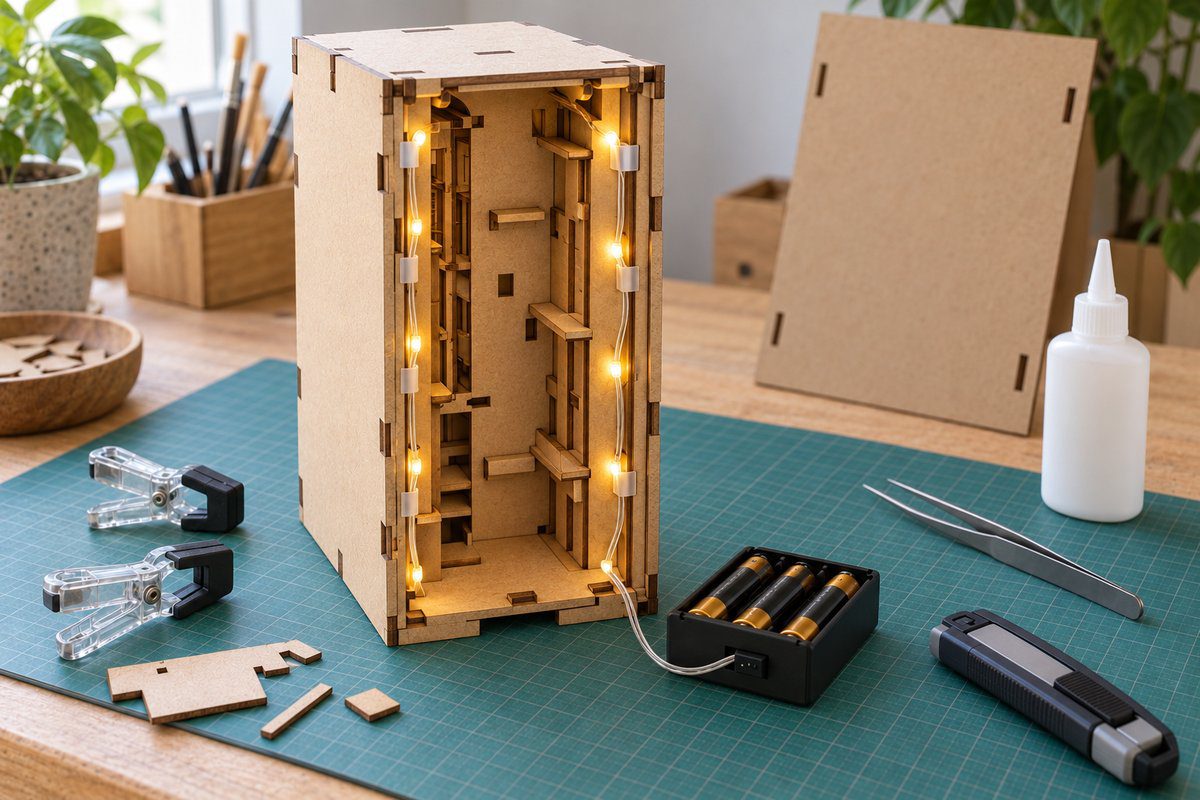 Dos ouvert d'un kit de décor miniature avec guirlande LED allumée avant fermeture
