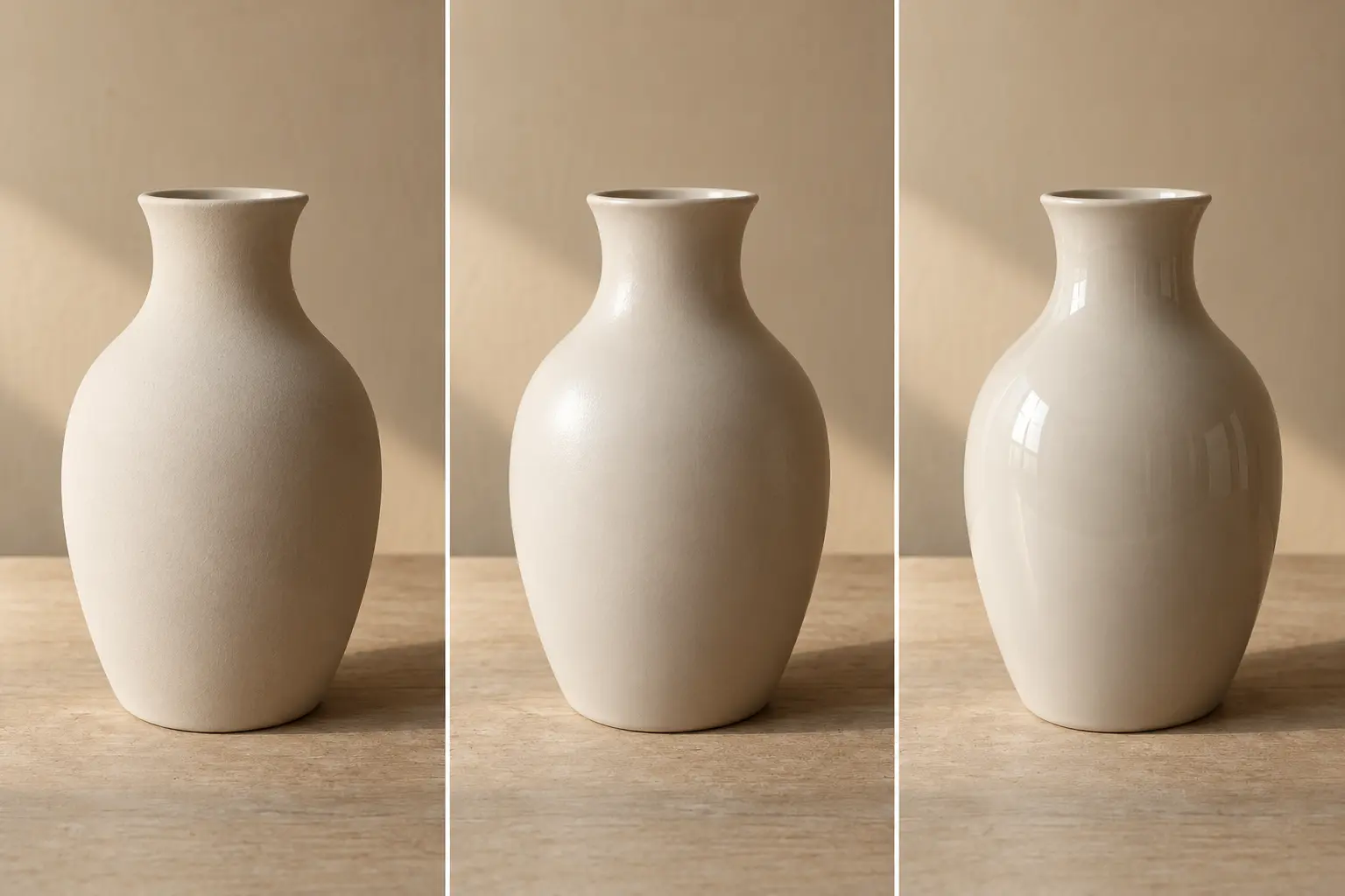Même vase en céramique mate, satinée et brillante sous une lumière latérale