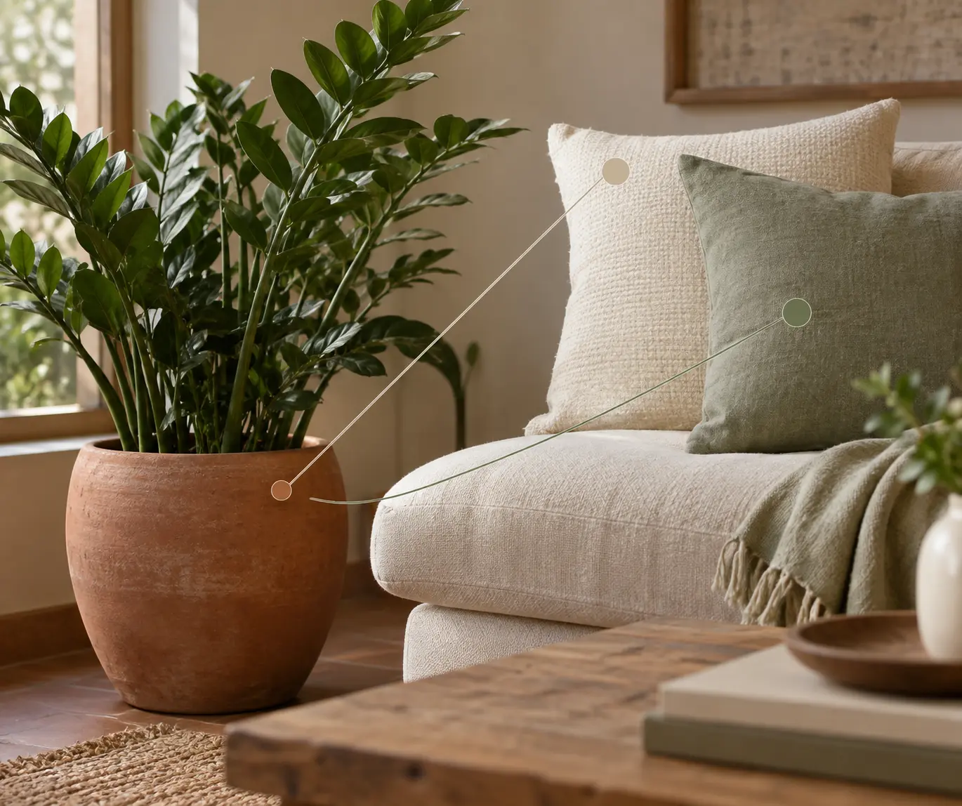 Cache-pot en céramique, plante et coussins reliés par une palette argile, écru et vert grisé