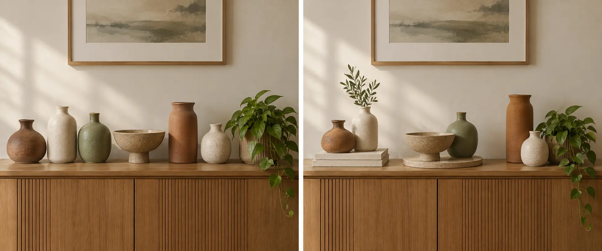 Comparaison d'un buffet encombré et d'une composition équilibrée de décorations en céramique