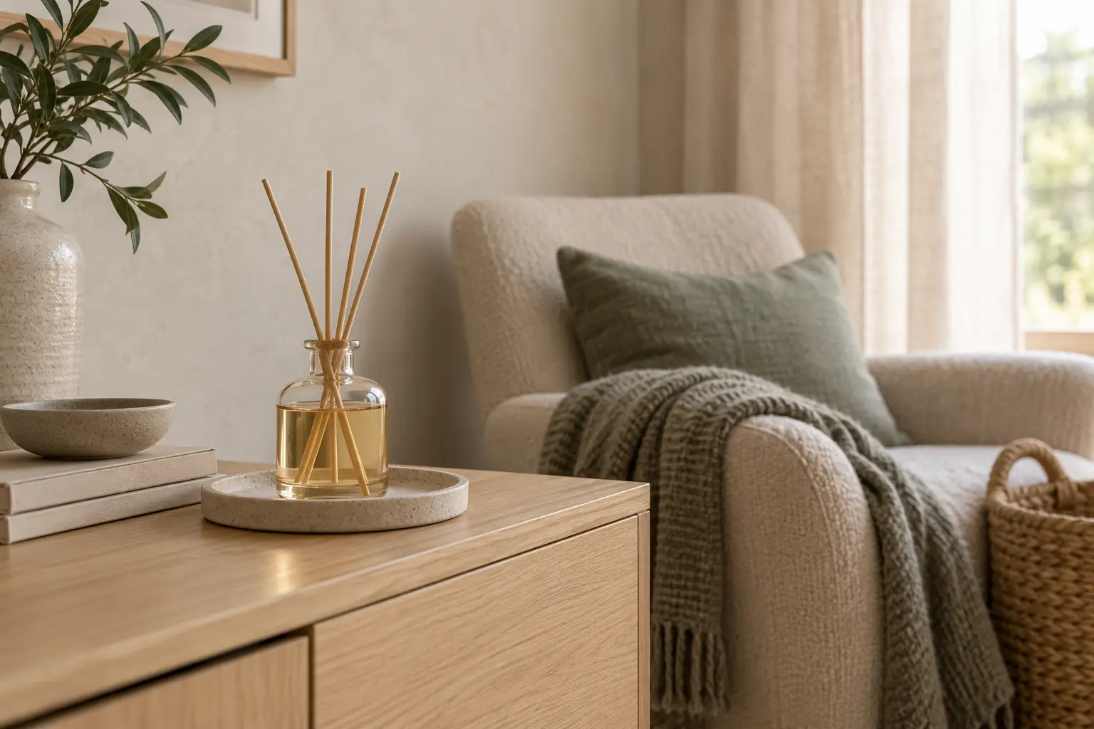 Diffuseur à bâtonnets posé sur une coupelle protectrice, sur une console à l’écart du fauteuil et de ses textiles