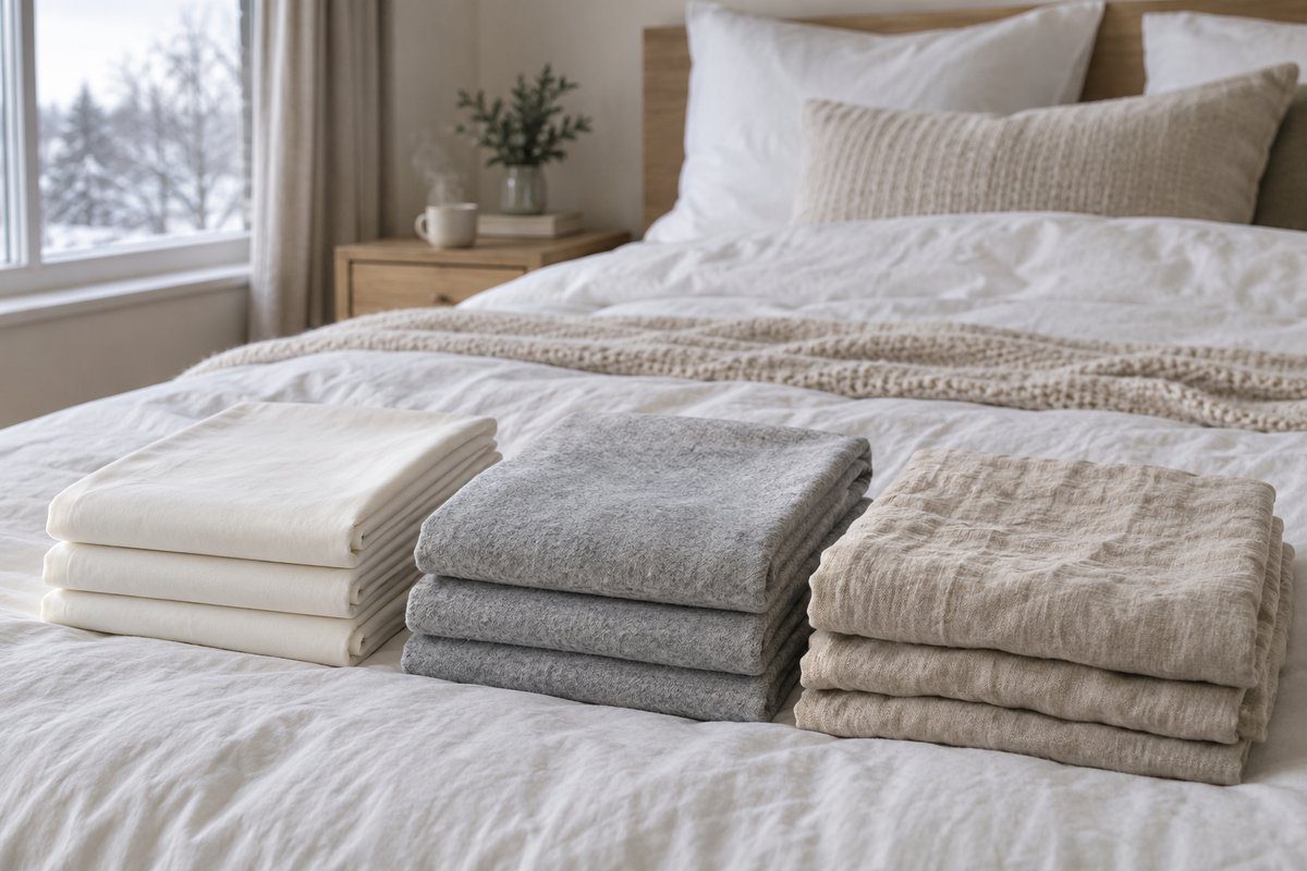 Trois draps pliés en percale, flanelle grise et lin naturel sur un lit d'hiver