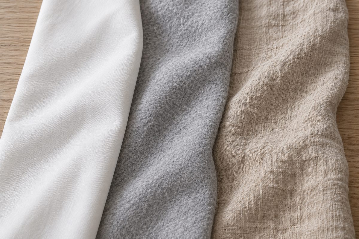 Gros plan comparant le tissage de la percale, le duvet de la flanelle et le fil du lin