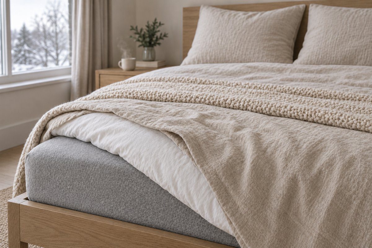 Lit d'hiver avec drap-housse en flanelle, housse en lin et plaid plié au pied