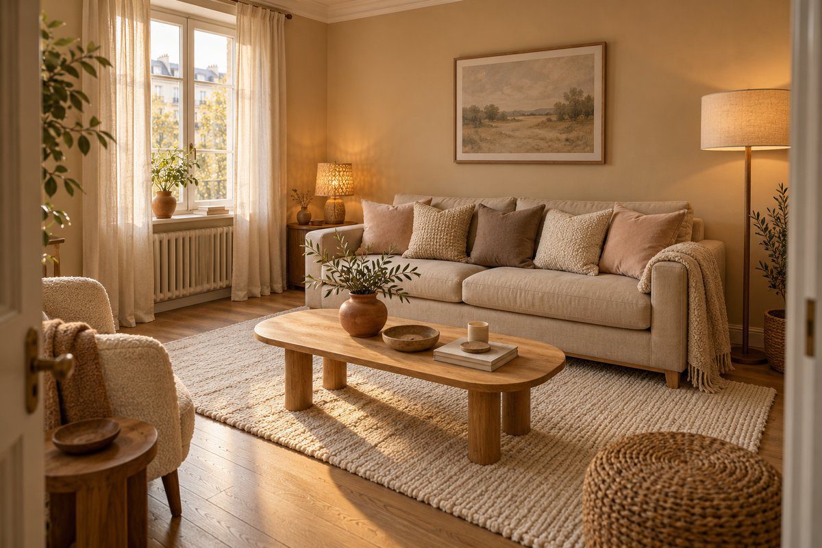 Salon chaleureux aux murs beige sable, canapé lin et coussins rosé et taupe