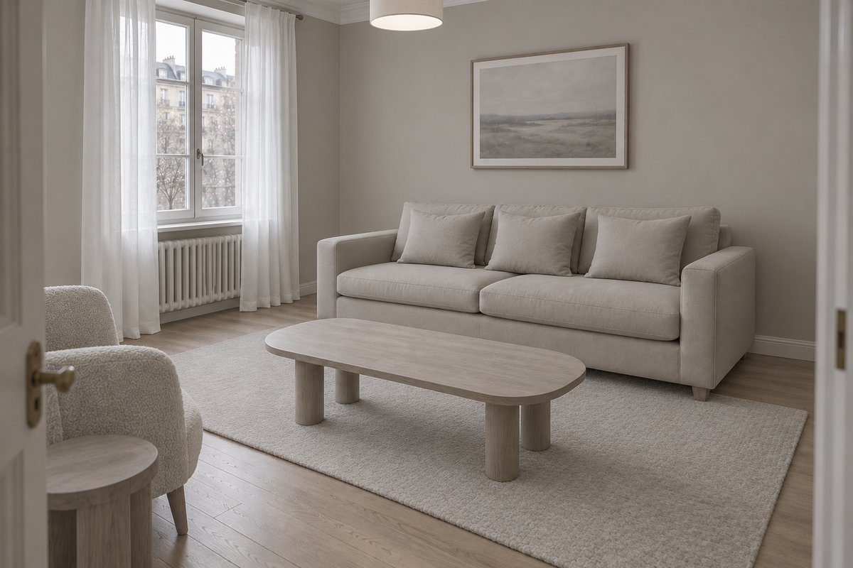 Salon beige terne aux murs grège froid, canapé et tapis de même ton