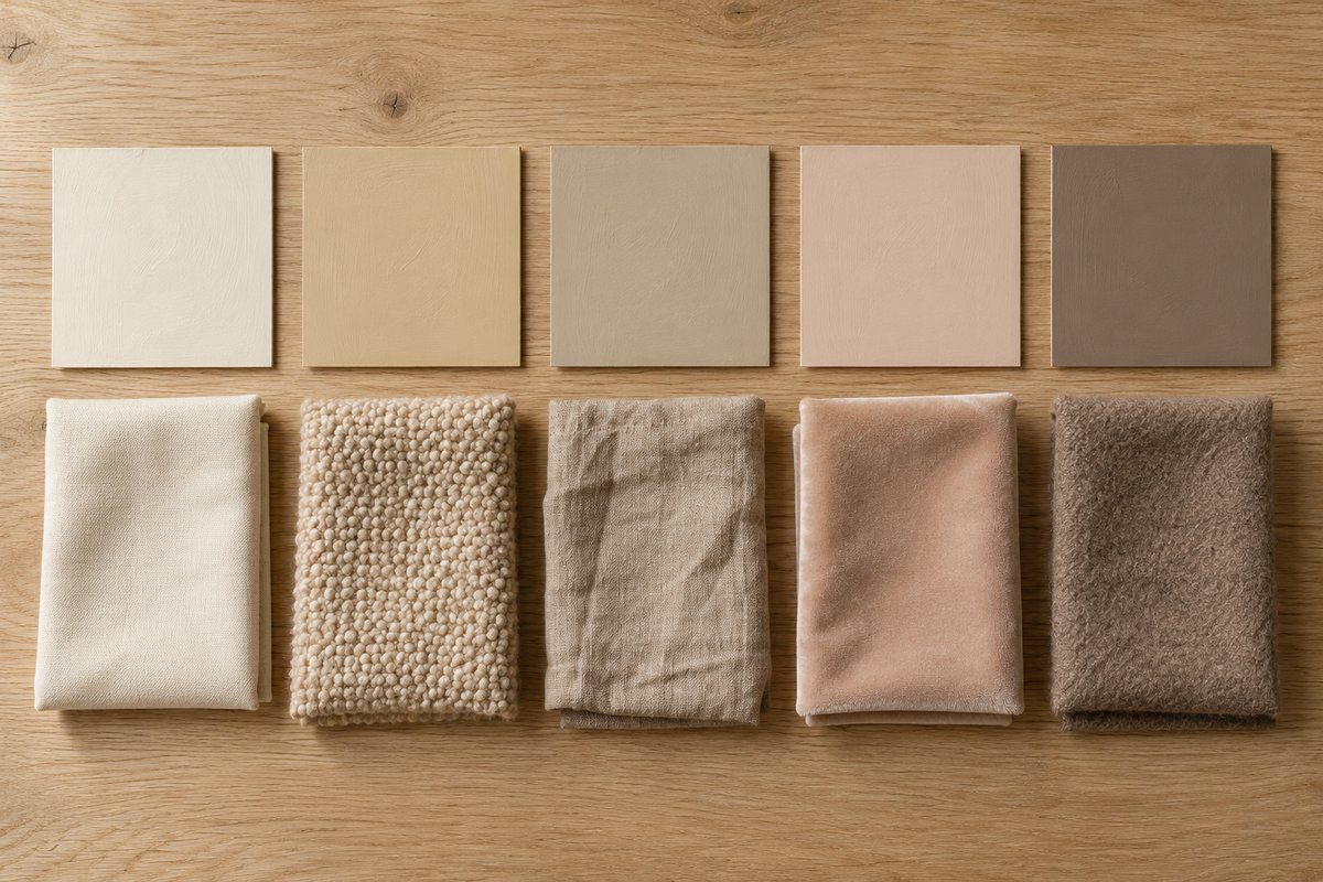 Cinq échantillons de peinture et tissu beige, du crème au taupe, alignés