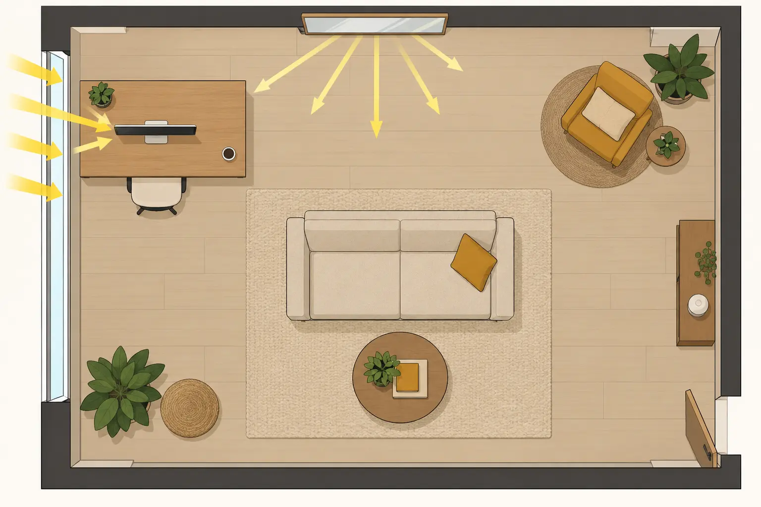 Plan d'un salon-bureau avec écran perpendiculaire à la fenêtre et miroir placé hors du soleil direct