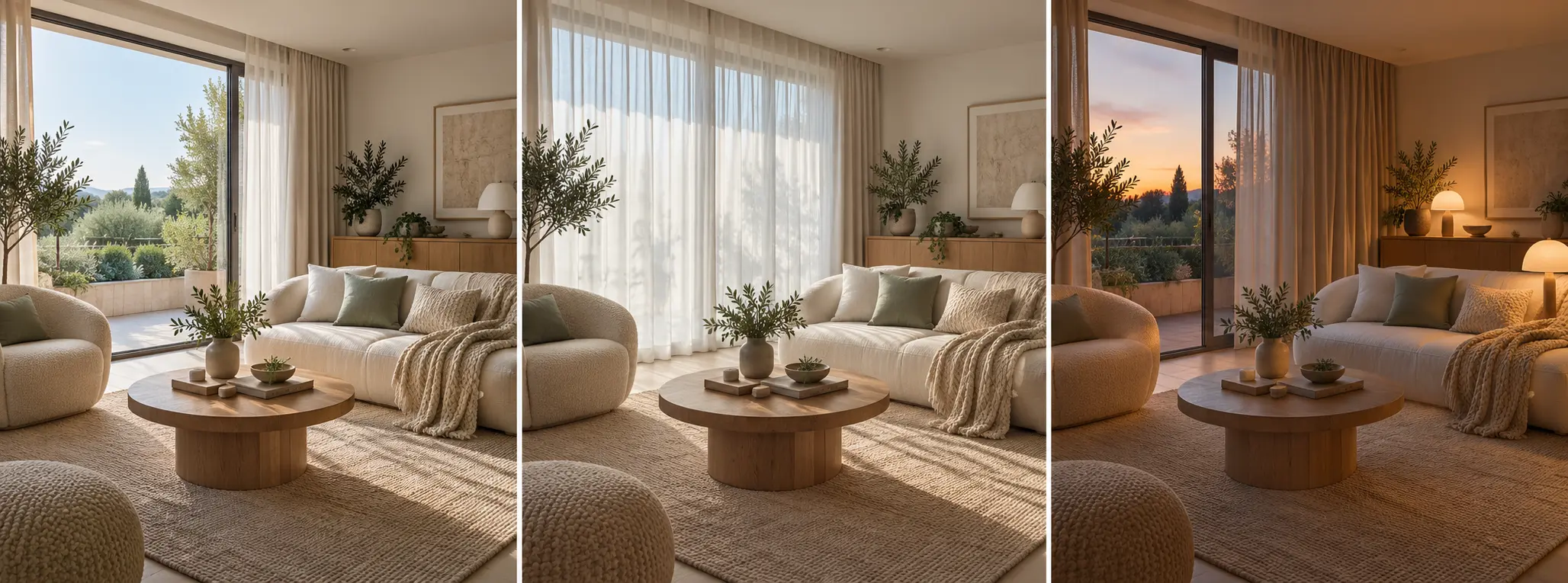 Même salon cocooning le matin rideaux ouverts, à midi lumière filtrée et le soir avec des lampes basses