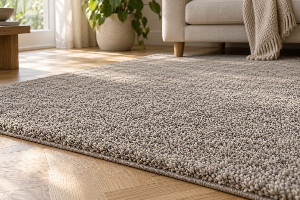 Tapis gris grège à poil court dense posé sur parquet clair dans un salon cocooning