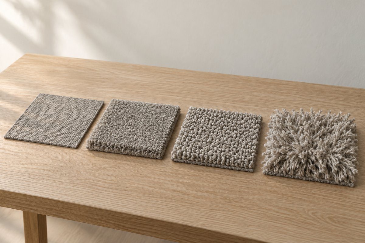 Quatre échantillons de tapis gris côte à côte : tissé plat, poil court, bouclé, shaggy