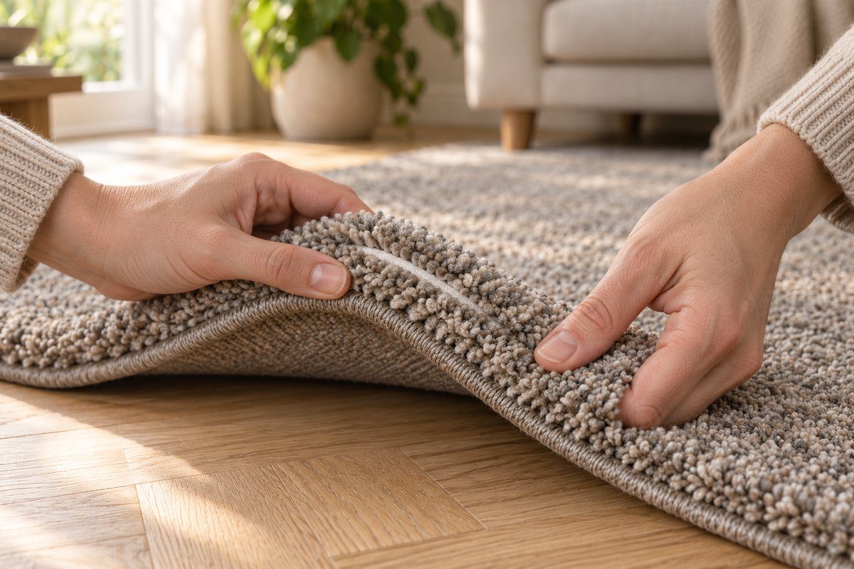 Mains pliant le coin d'un tapis gris à poil court pour vérifier sa densité