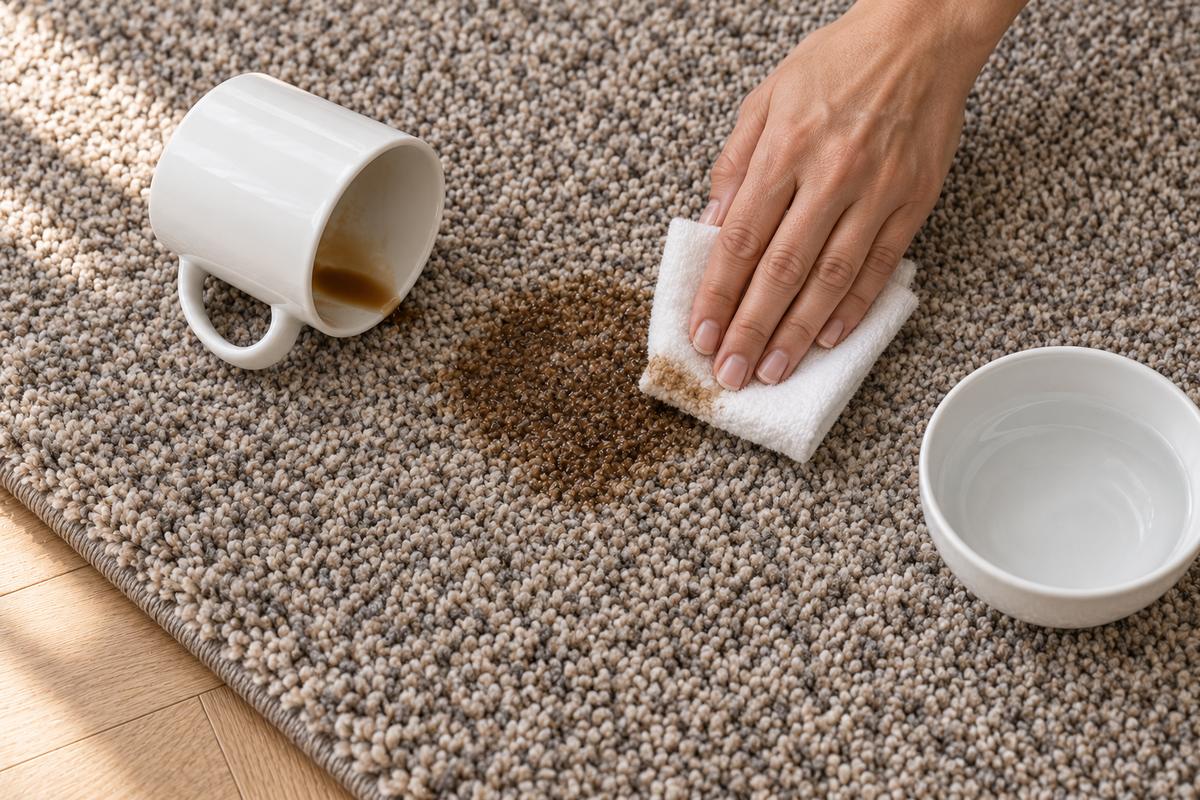 Main tamponnant une tache de café avec un chiffon blanc sur un tapis gris